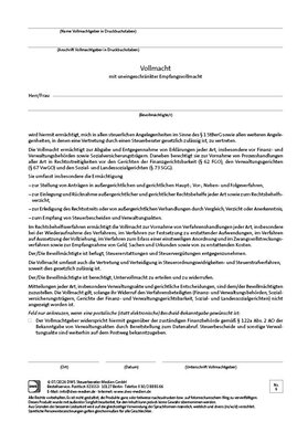 Cover der Leseprobe "Vollmacht mit uneingeschränkter Empfangsvollmacht" von DWS-Medien.