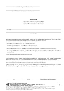 Cover der Leseprobe "Vollmacht zur Vertretung im Steuerverwaltungsverfahren mit uneingeschränkter Empfangsvollmacht" von DWS-Medien.