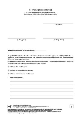 Cover der Leseprobe "Vollständigkeitserklärung für Einzelunternehmen und Personengesellschaften, die nicht unter § 264a HGB und das Publizitätsgesetz fallen" von DWS-Medien.