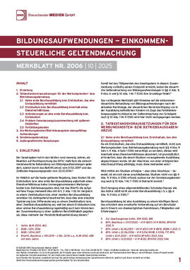 DWS-Merkblatt Nr. 2006 Cover der Leseprobe "Bildungsaufwendungen - Einkommensteuerliche Geltendmachung" von DWS-Medien.