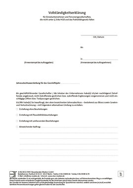 Cover der Leseprobe "Vollständigkeitserklärung für Einzelunternehmen und Personengesellschaften, die nicht unter § 264a HGB und das Publizitätsgesetz fallen" von DWS-Medien.