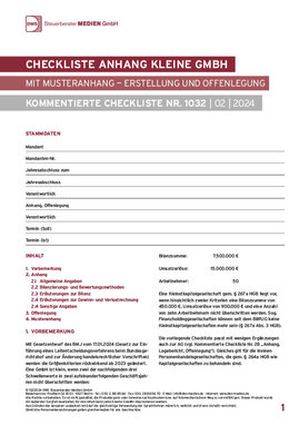 Cover der Leseprobe "Checkliste Anhang Kleine GmbH – Mit Musteranhang – Erstellung und Offenlegung" von DWS-Medien mit Inhaltsverzeichnis und Einleitungstext.