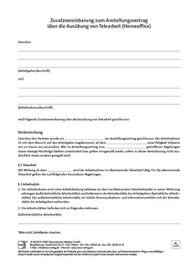 Cover der Leseprobe "Zusatzvereinbarung zum Anstellungsvertrag über die Ausübung von Homeoffice" von DWS-Medien.