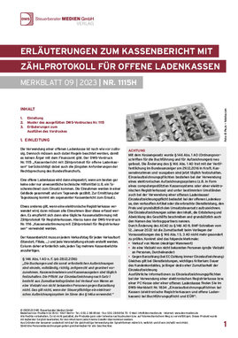 Cover der Leseprobe "Erläuterungen zum Kassenbericht mit Zählprotokoll für offene Ladenkassen" von DWS-Medien.