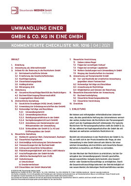 Cover der Leseprobe "Umwandlung einer GmbH & Co. KG in eine GmbH" von DWS-Medien mit Inhaltsverzeichnis und Einleitungstext.