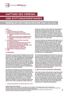 Cover der Leseprobe "Haftung des Vereins- und Stiftungsvorstandes" von DWS-Medien mit Inhaltsübersicht und Einleitung.